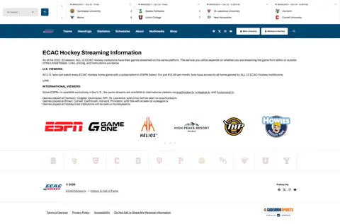 Screenshot: ECAC Hockey streaming information page opened from outside the US without a VPN, October 12, 2026