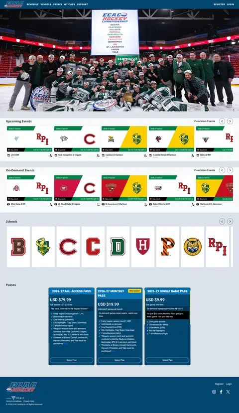 Screenshot: ECACHockey.tv opened from outside the US without a VPN, October 12, 2026